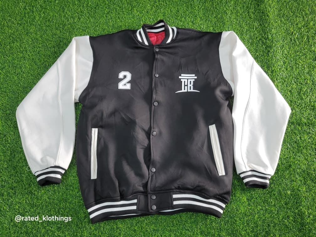 Custom varsity jacket with embroidered CB branding — Rated Kustomz and Printery